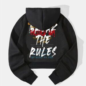Slogan Graphic Thermal Lined Drawstring Crop Hoodie